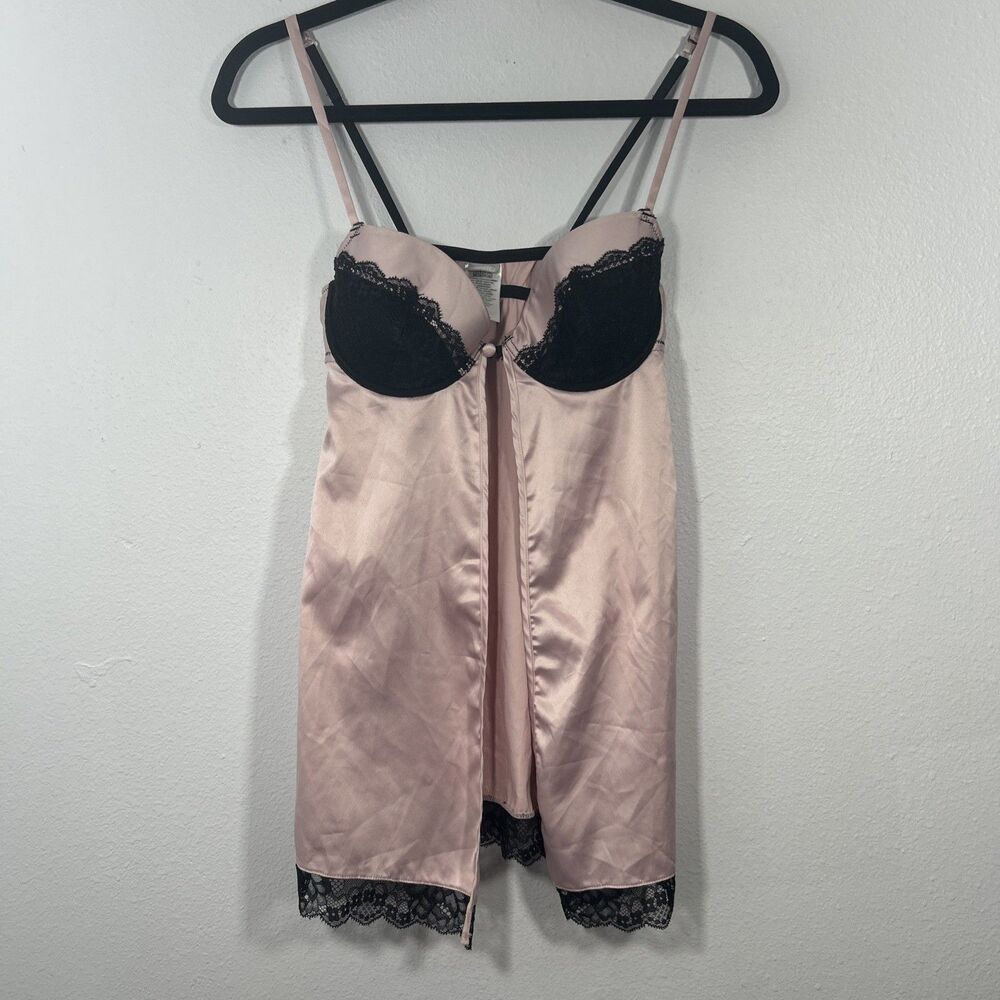 3 Suisses Slip Dress Women 32C Pink Satin Lace Trim Babydoll‎ Lingerie Y2k 90s